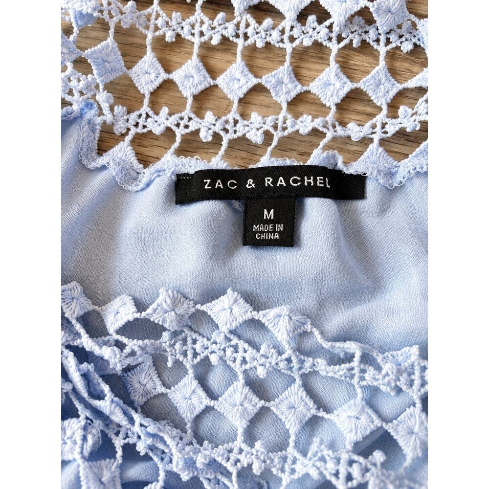 Zac & Rachel Blue Crochet Boho Blouse Size M Bell Sleeve Ruffle Top Cottagecore - Picture 5 of 6